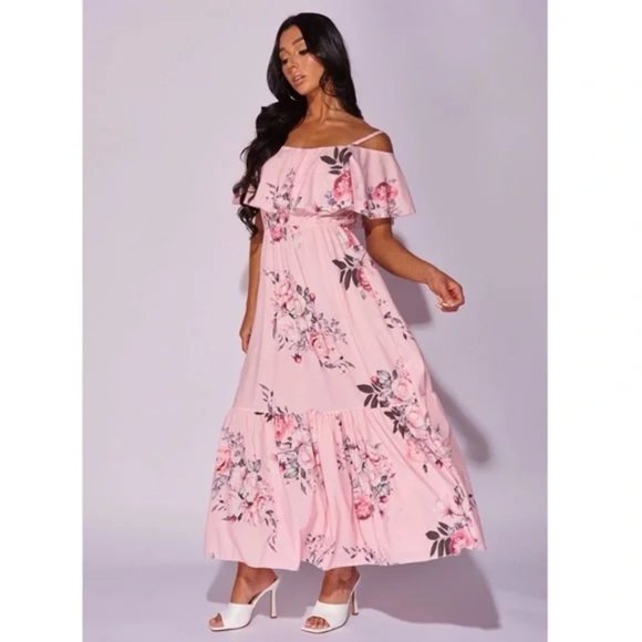 Pink Floral Print Cold Shoulder Short Sleeve Frill Detail Long Maxi Dress - Picture 5 of 11